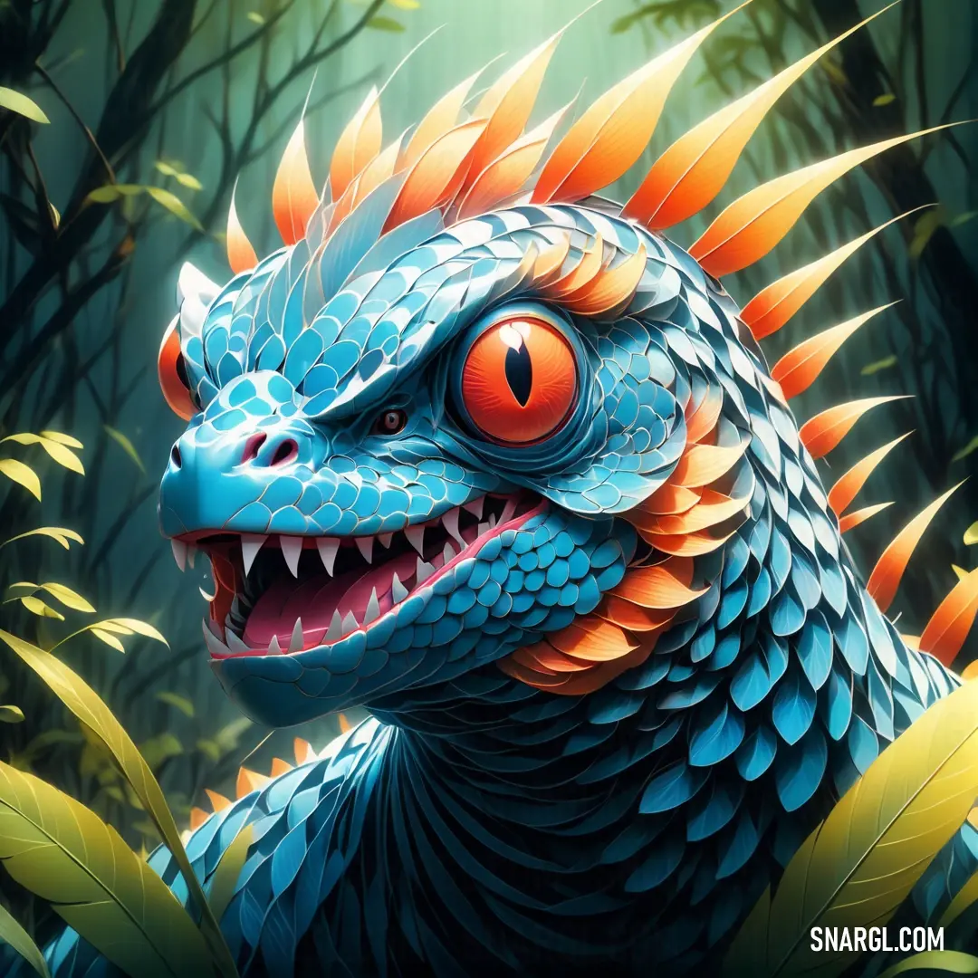 Blue dragon with orange eyes and orange spikes on its head is in the jungle with green plants and leaves