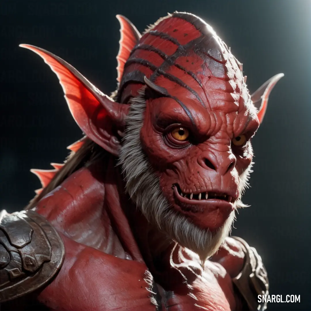 Close up of a Barbus with a red face and horns on his head
