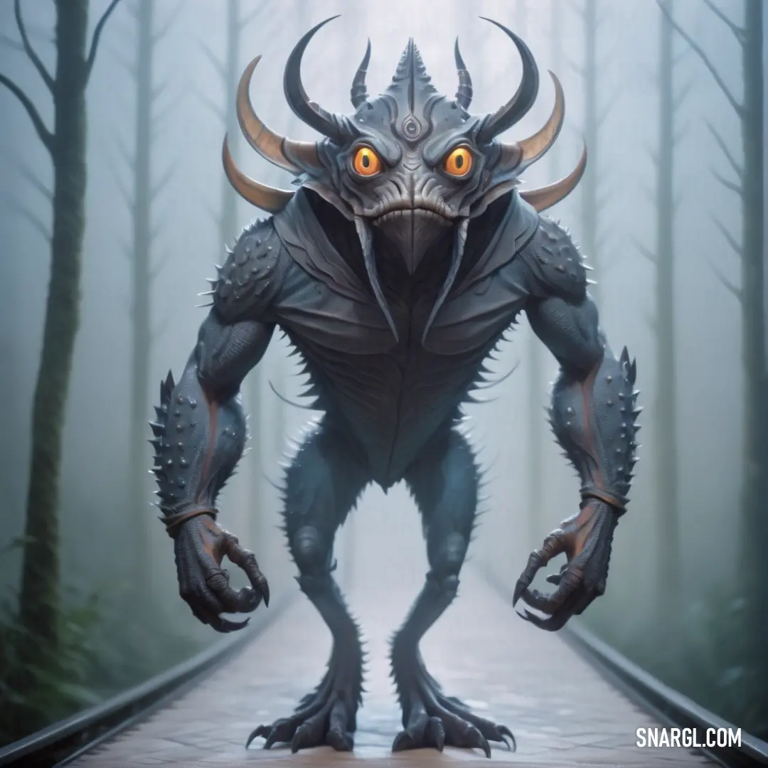 Barbus with horns and horns standing on a path in the woods with foggy trees behind it