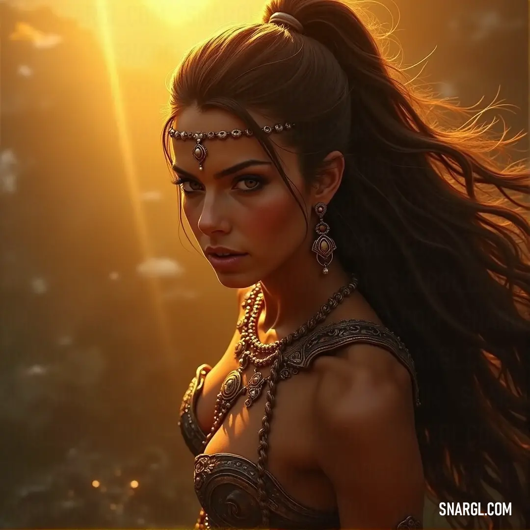 A regal figure stands with long flowing hair, adorned with a headpiece and intricate jewelry. The serene expression on her face contrasts with the strength in her posture, as if ready for the challenges of the world around her.