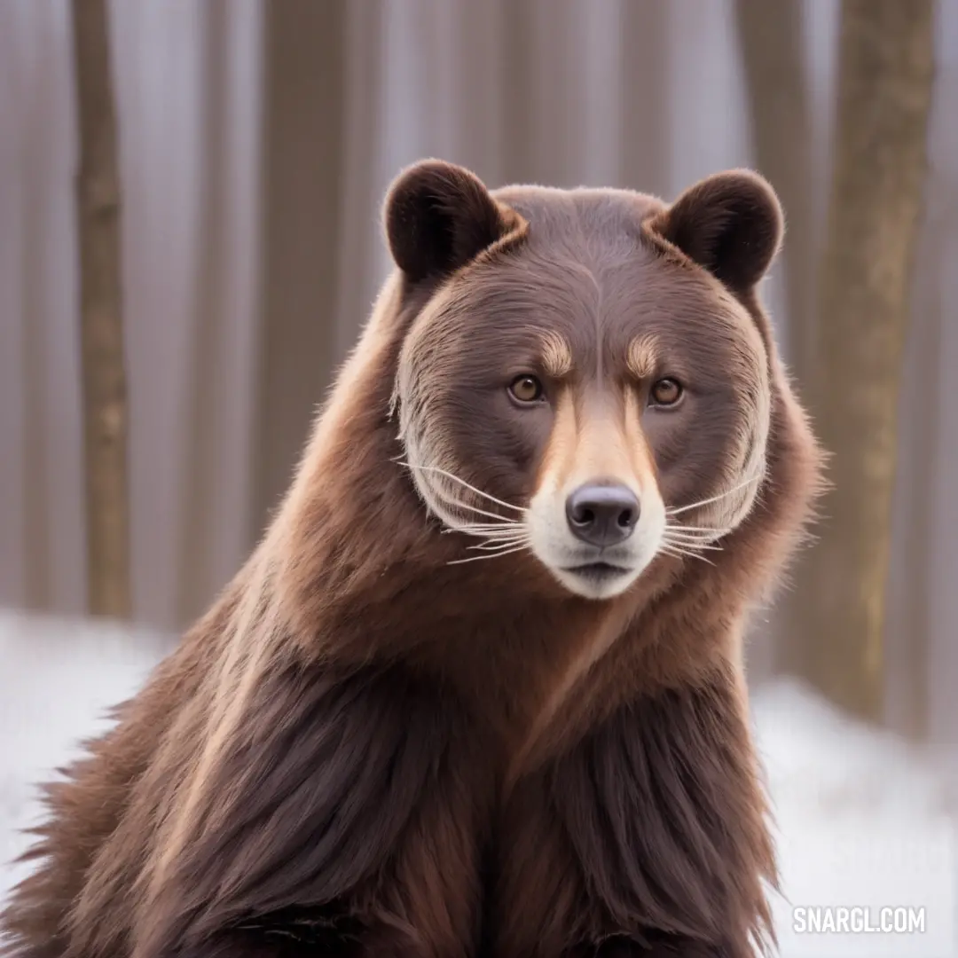 Brown bear standing in front of a forest filled with trees and snow covered ground with a white face