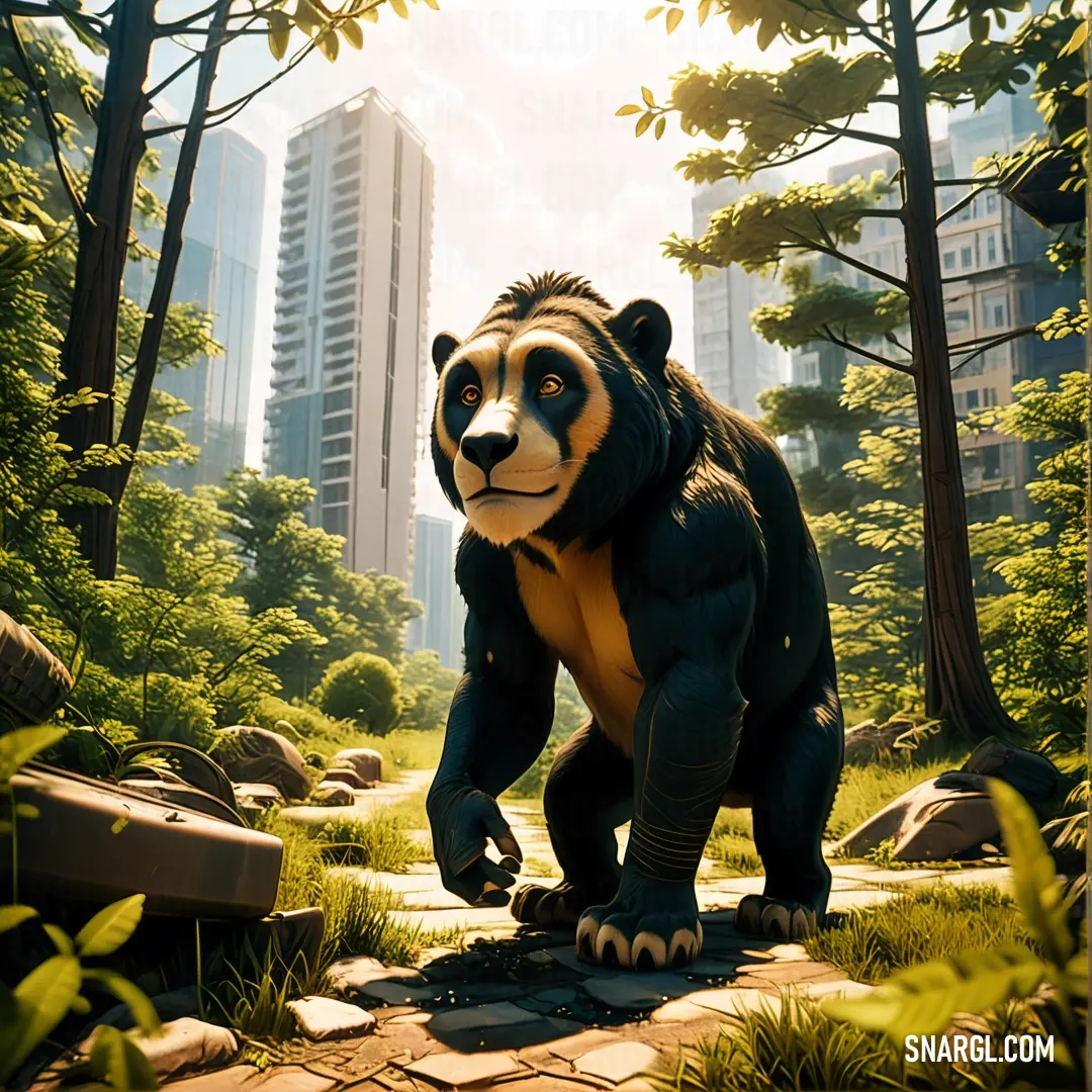 Giant panda bear standing in a park with tall buildings in the background and a stone path leading to it