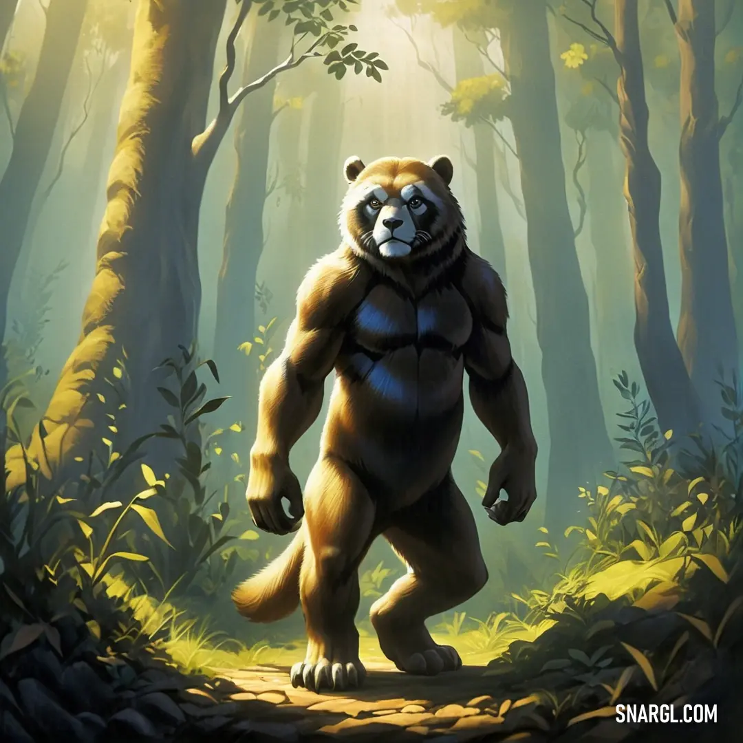 Painting of a bear in the woods with a light shining on it's face and a big