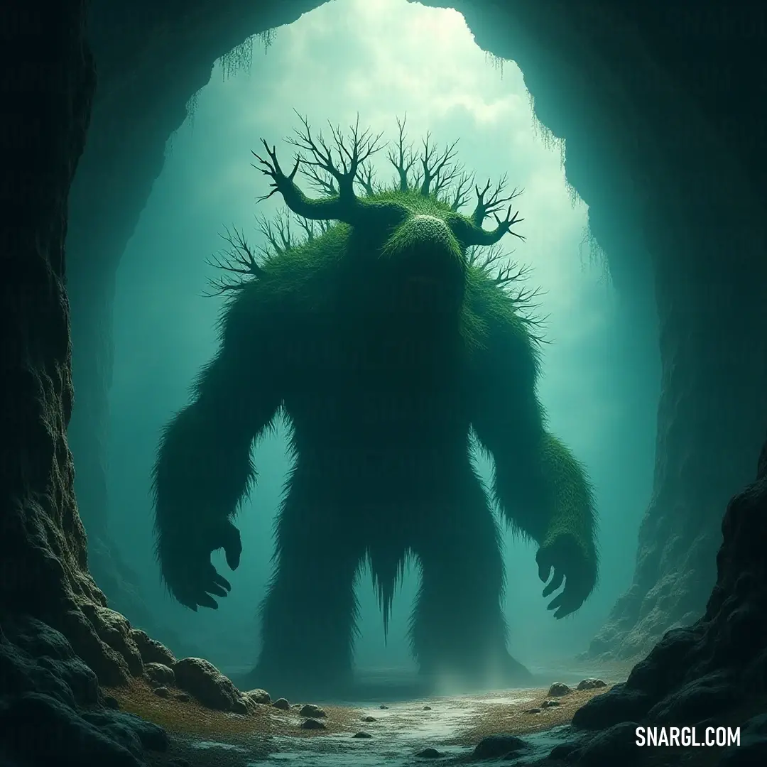 An awe-inspiring Giant Barkclaw, mouth open wide, standing still in a mystic cave, as if in deep contemplation. In a shadowy cave, a mesmerizing Giant Barkclaw stands majestic with its mouth agape, emanating an aura of mystery as its eyes remain tightly shut, seemingly listening to the silent whispers of the earth around it.