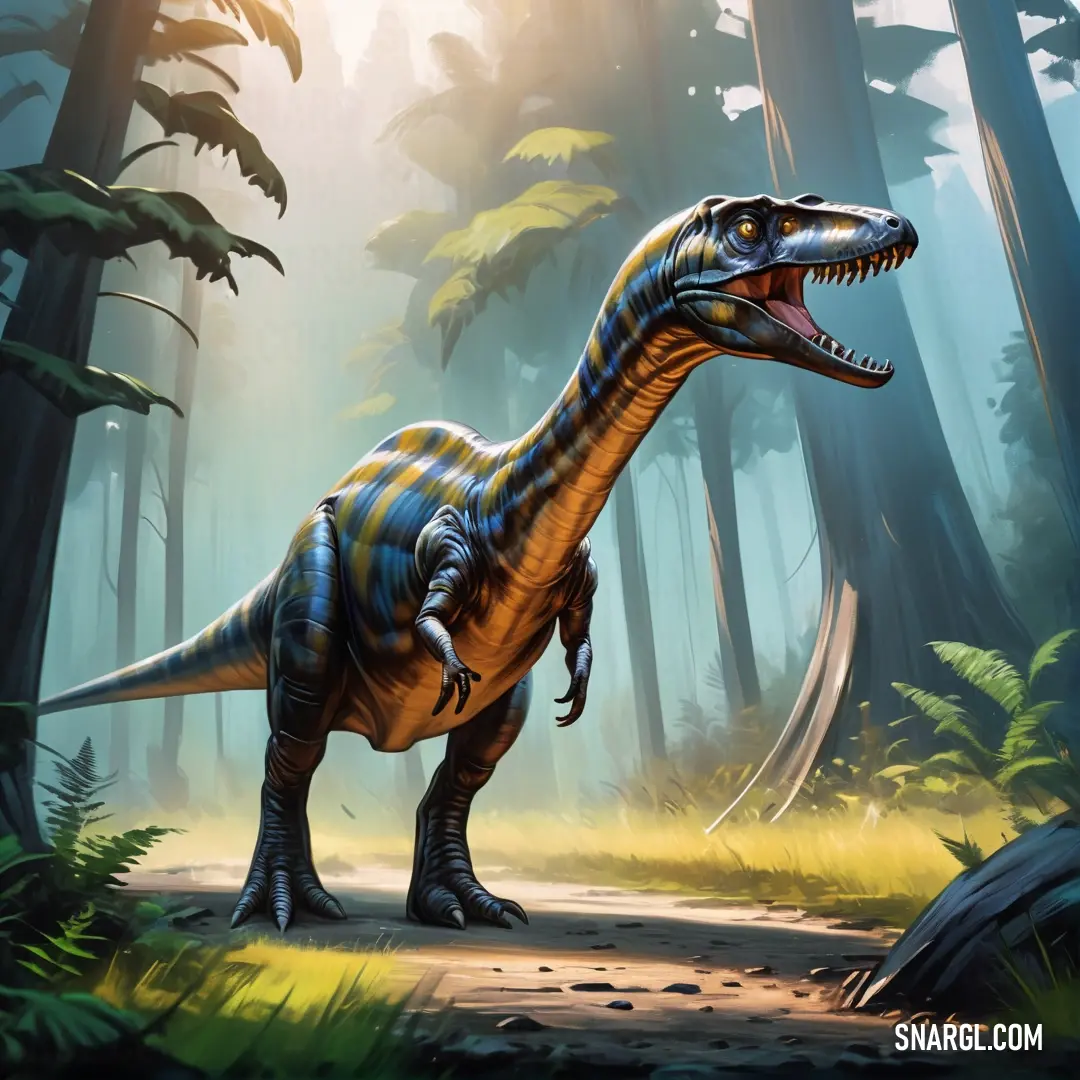 Barosaurus in a forest with trees and grass in the background