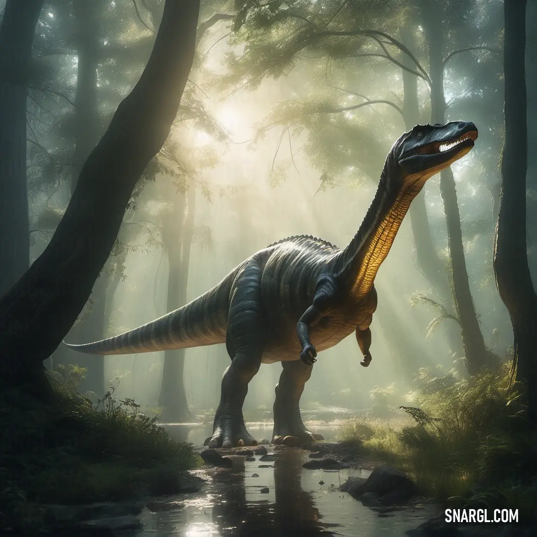 Barosaurus in a forest with a stream running through it's path and trees in the background
