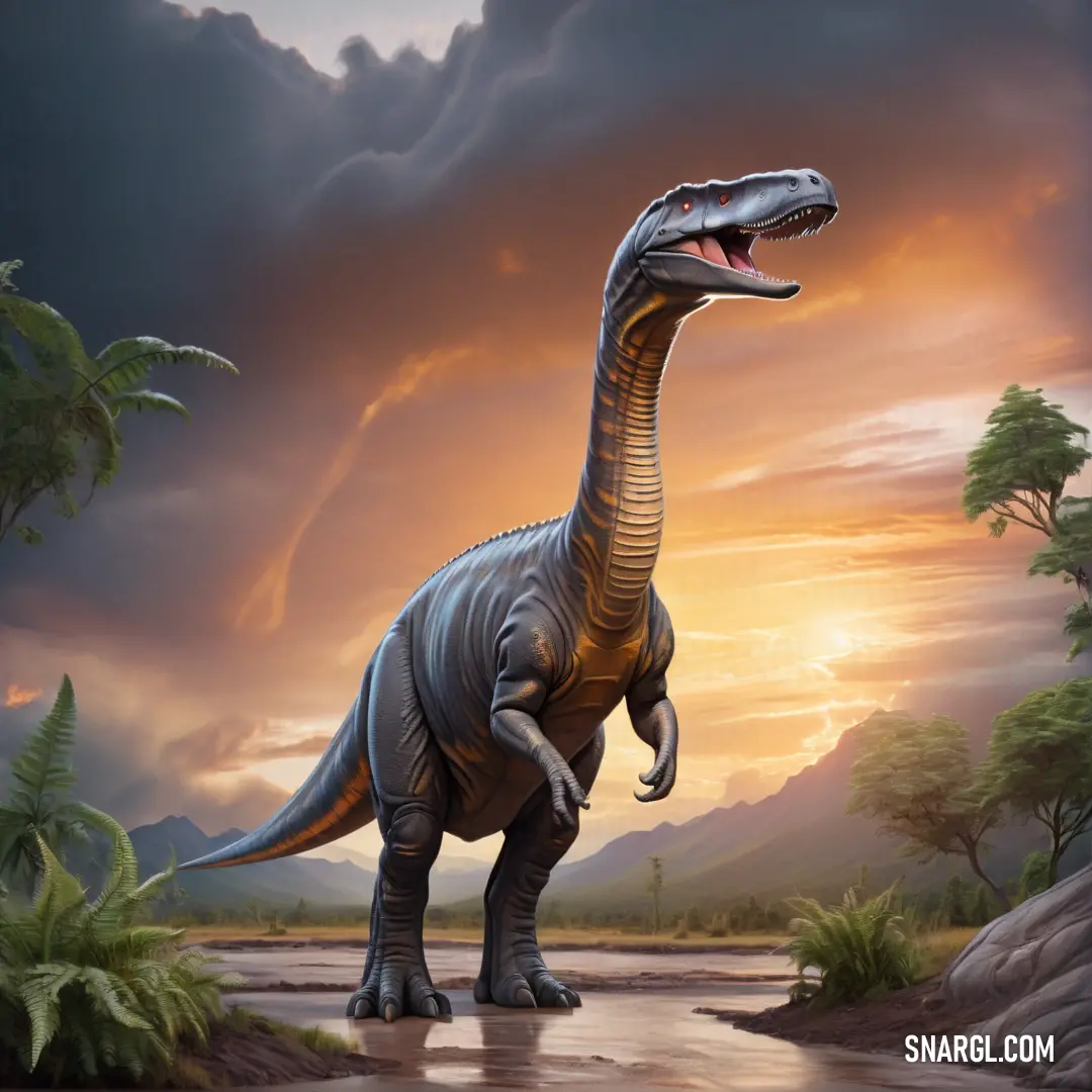Barosaurus is standing in a river with a sunset in the background and clouds in the sky above it