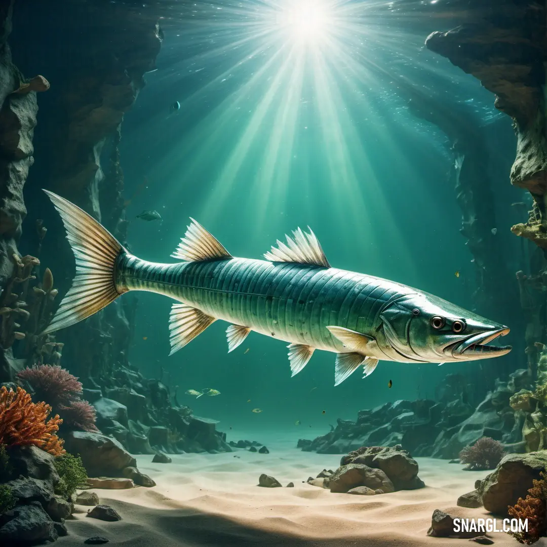 Fish swimming in a cave with sunlight coming through the water's surface and rocks and sand underneath