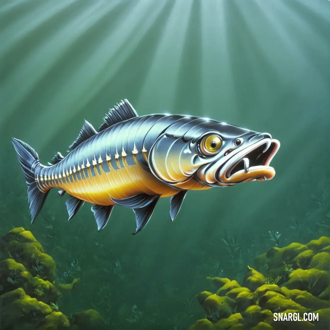 Fish with a large mouth is swimming in the water with algaes and sunbeams behind it