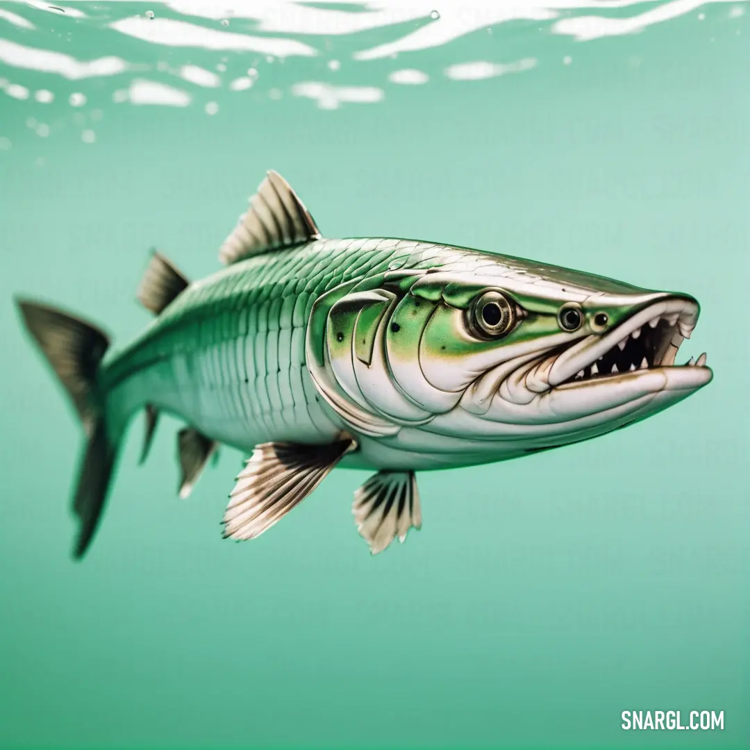 Fish with its mouth open and teeth wide open in the water, with a green background