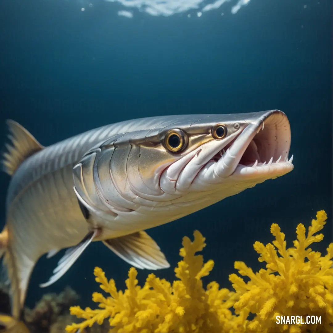 Fish with its mouth open and its mouth wide open in the water with yellow algae and a blue background