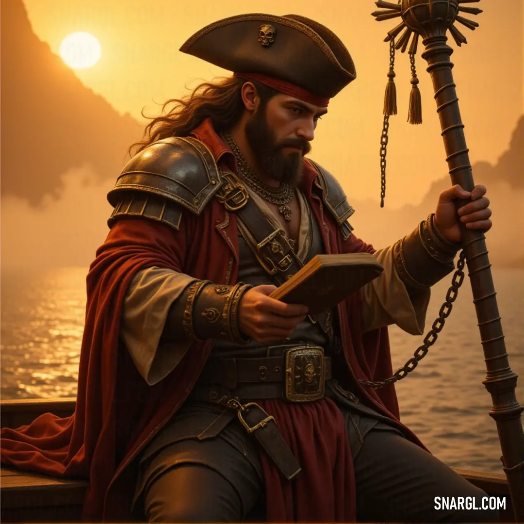 A pirate captain, deep in thought, reads a book while keeping a sword in hand, his ship navigating the open seas. Bartholomew Roberts, dressed in classic pirate garb, relaxes on his ship’s deck, flipping through an old book with one hand while his other holds a sword at the ready. The ocean stretches out behind him, and the boat rocks gently beneath his feet.
