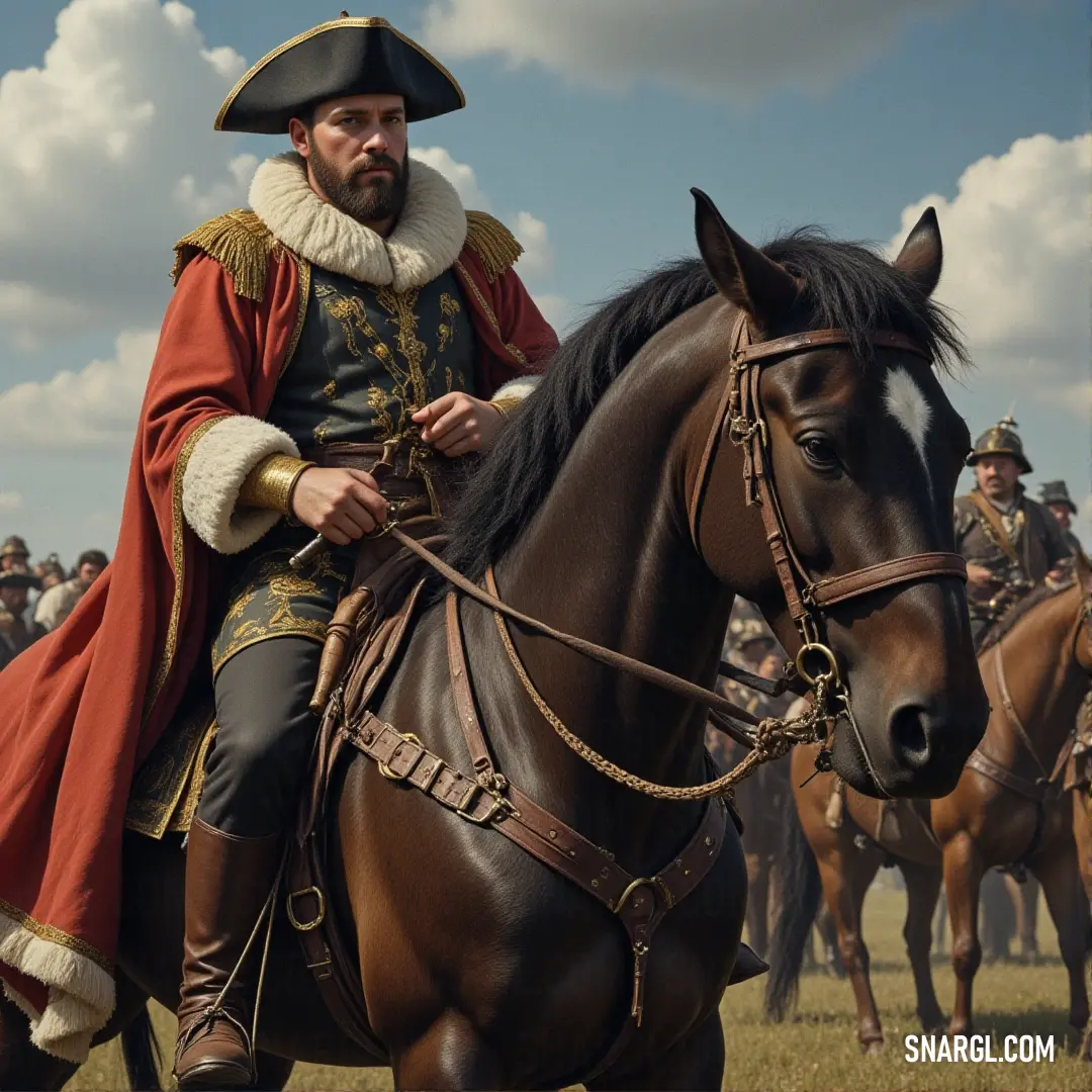 A commanding pirate leader on horseback, surrounded by his soldiers in a sweeping, windswept field, ready for action. Bartholomew Roberts, in his striking red coat, confidently rides a brown horse across a field, flanked by other soldiers in uniform. The vast expanse of the open field stretches before them, creating an atmosphere of strength and authority.