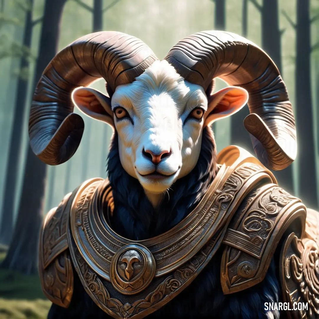 Goat with horns and armor in a forest with trees and grass in the background