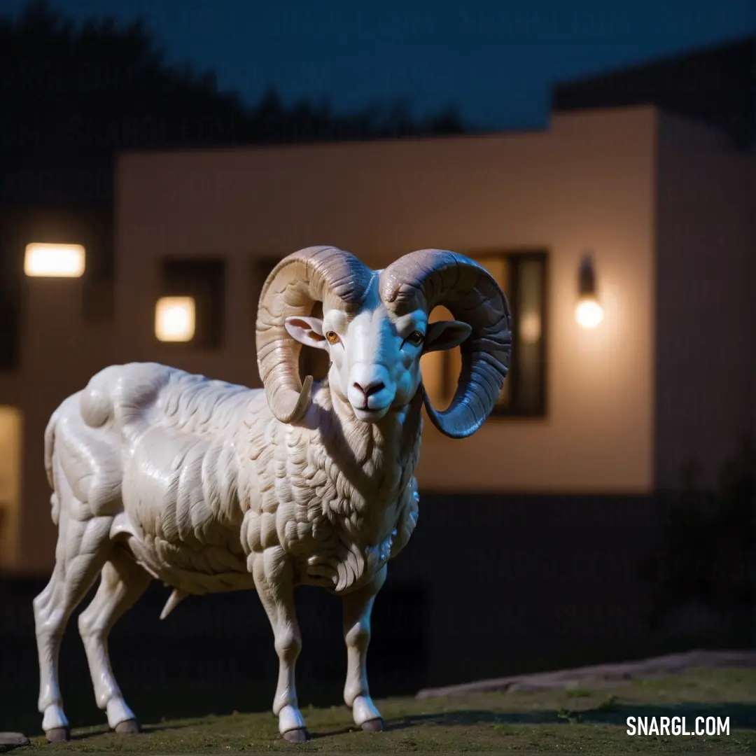 Statue of a ram stands in front of a building at night with lights on it's side