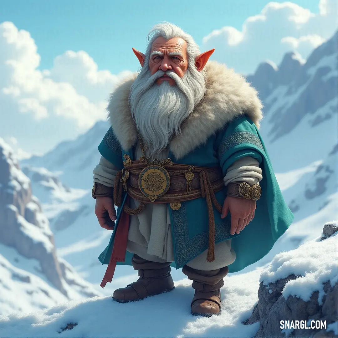 Barundin, bearded and sturdy, faces the vast snow-covered mountains, a lone figure against the wild, frozen world. Barundin, with a thick beard, stands against the backdrop of towering snow-capped peaks. The icy wilderness stretches endlessly, an unforgiving land that matches his rugged spirit and untamed strength.
