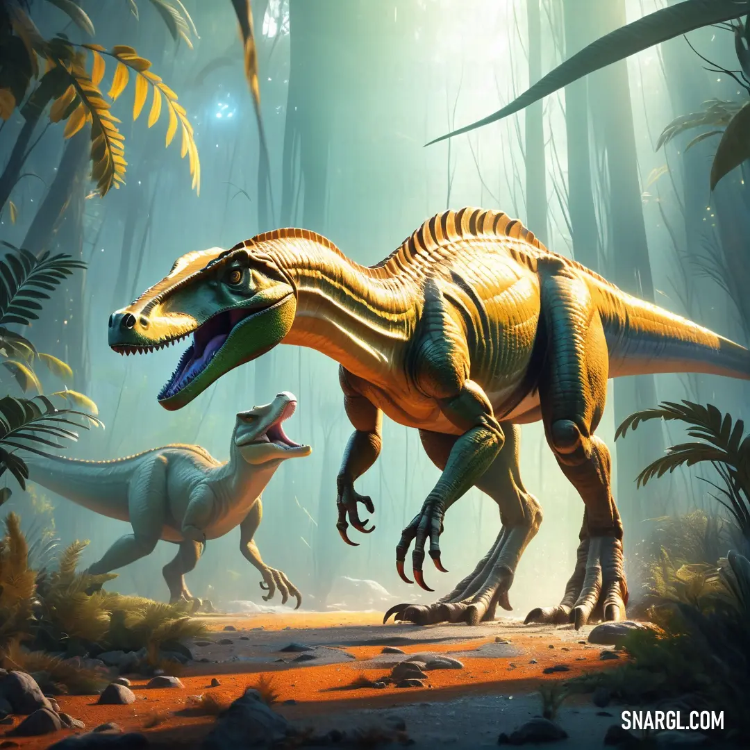 Baryonyx and a t - rex in a forest of trees and plants with sunlight shining through the trees