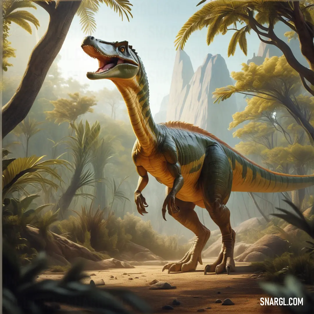 Baryonyx in a jungle with trees and rocks in the background