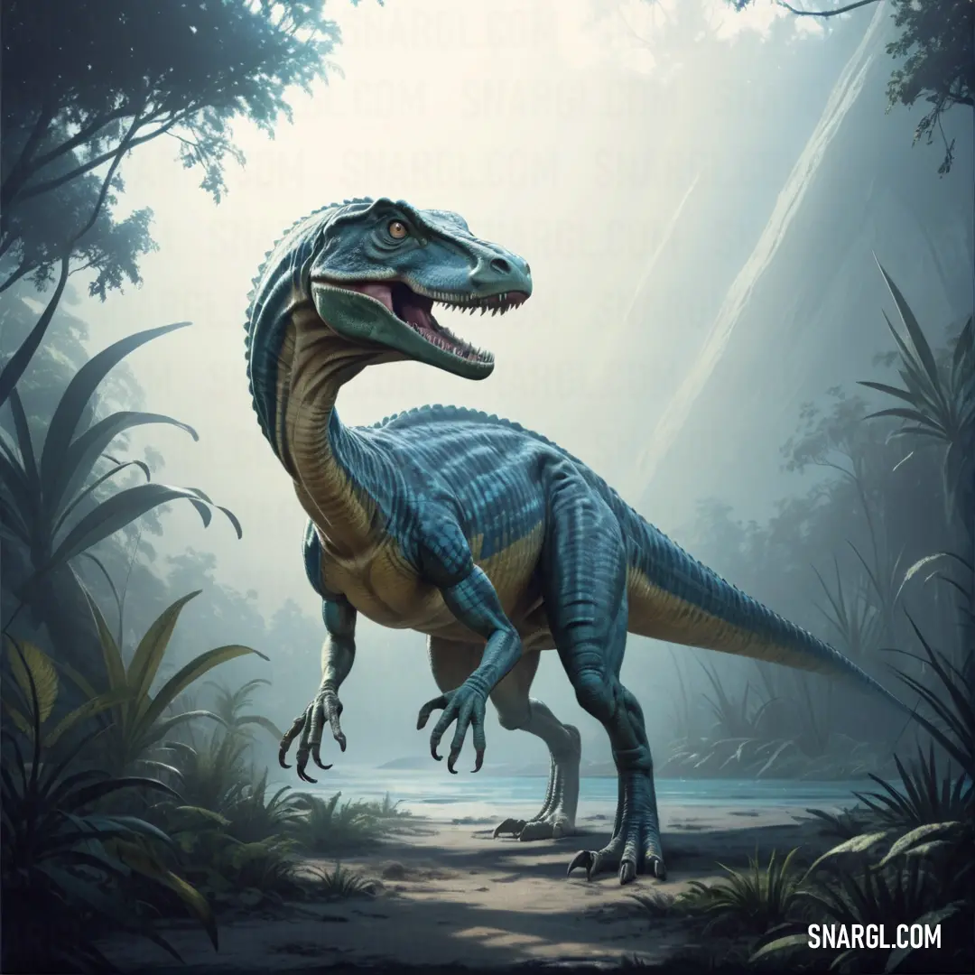 Baryonyx in a jungle with trees and water in the background