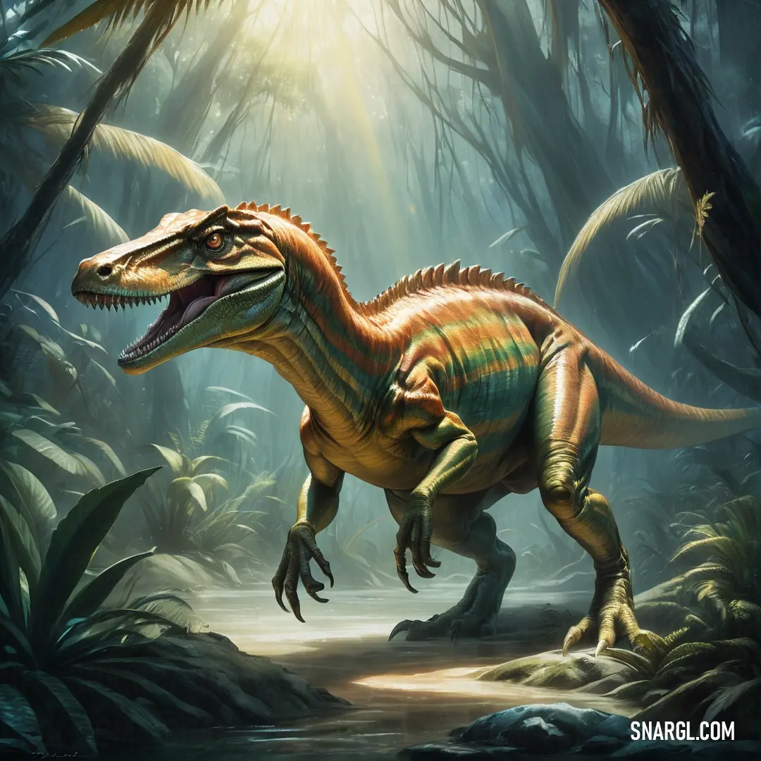 Baryonyx in a jungle with a light shining on it's face and head