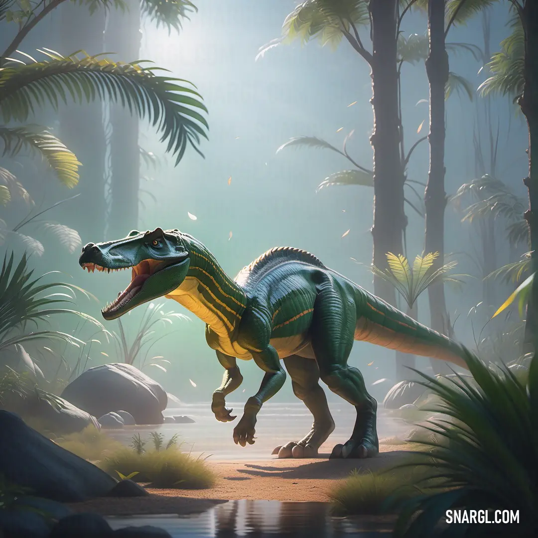 Baryonyx in a jungle with a pond and trees in the background