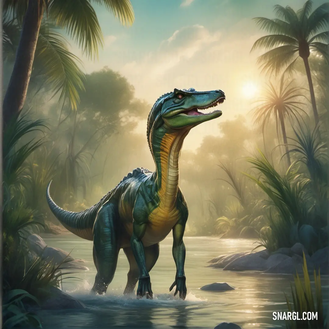 Baryonyx is standing in the water near a forest and palm trees