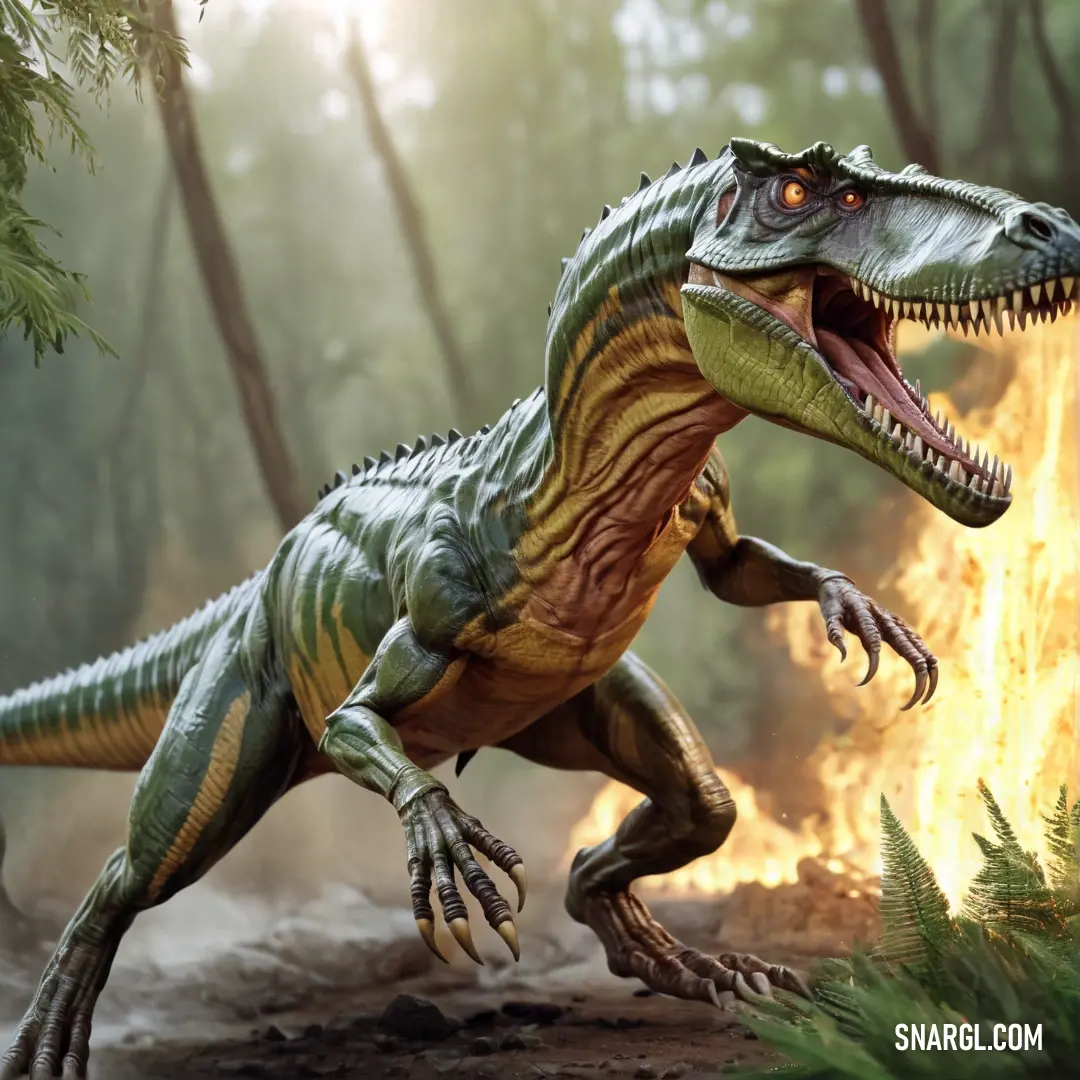 Baryonyx with its mouth open and its mouth open, standing in the woods with a fire in the background