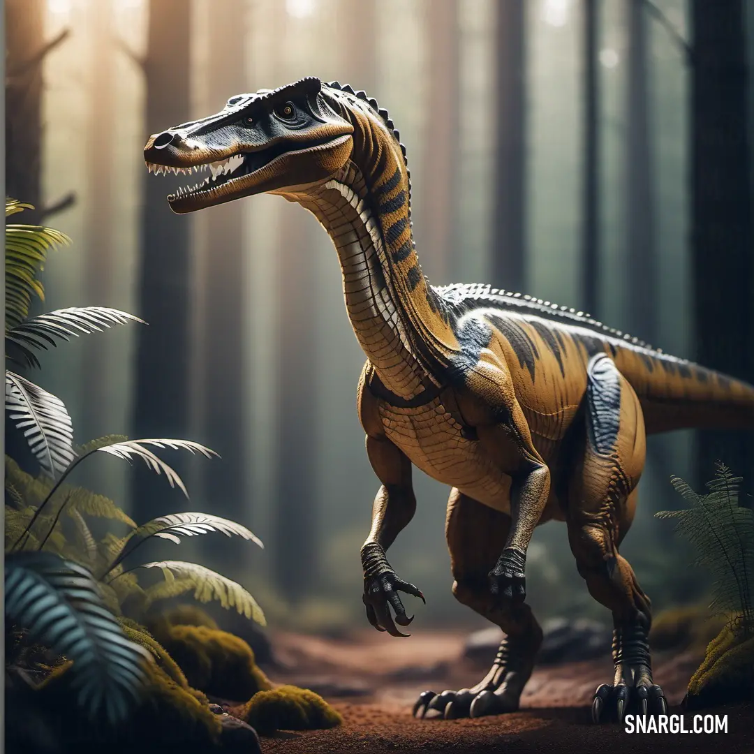 Toy Baryonyx in a forest with trees and plants in the background