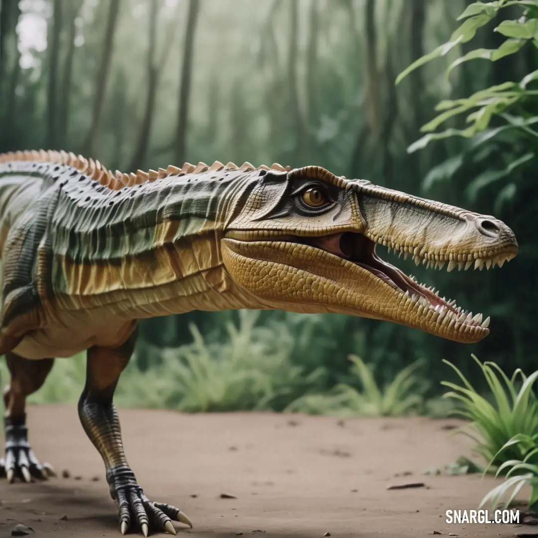 Toy Baryonyx is standing in the dirt near a forest of trees and bushes
