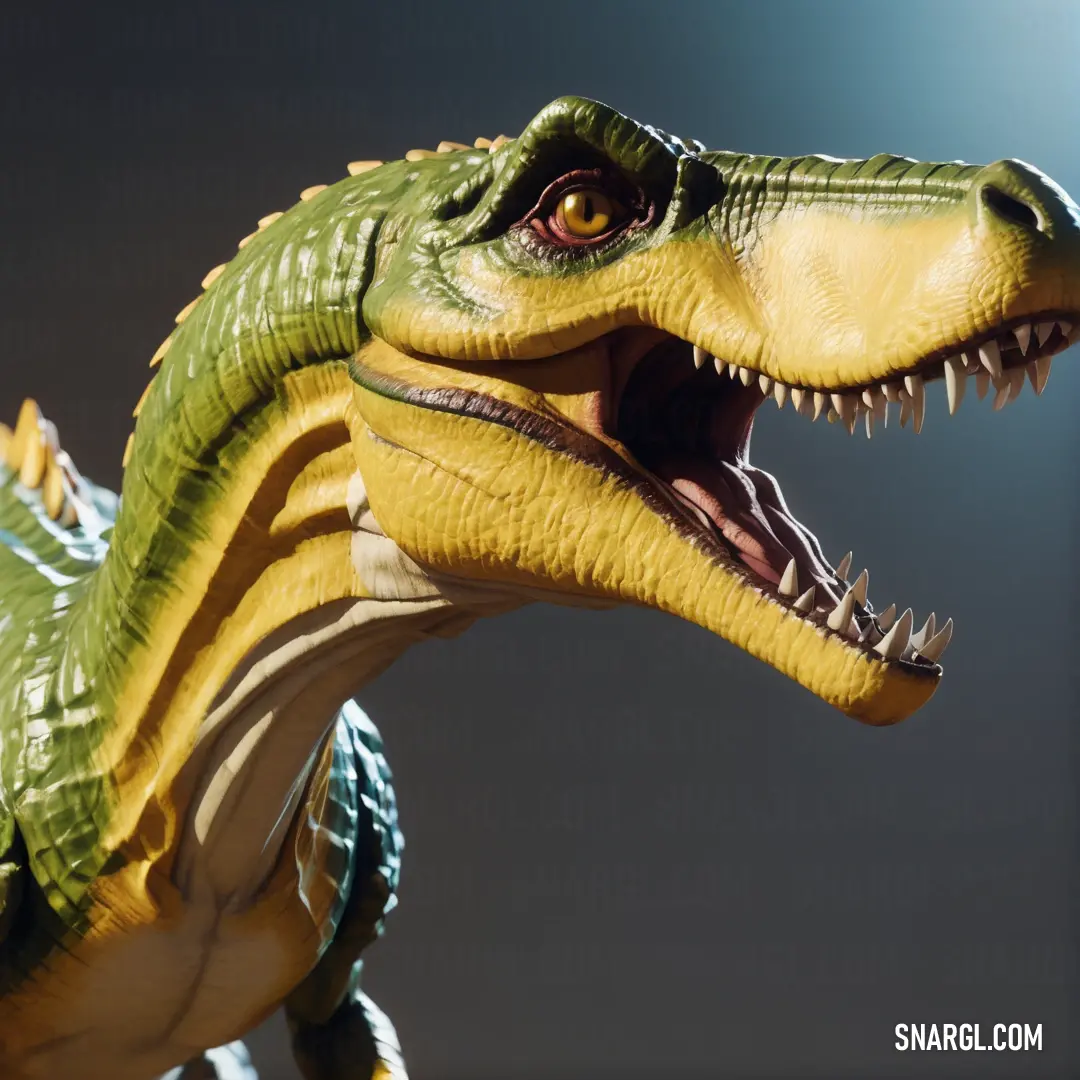 Toy Baryonyx with its mouth open and it's teeth wide open, with a light shining on the background
