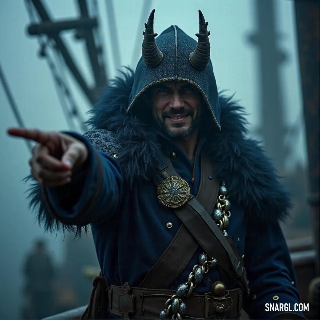 Basil Hawkins, with his horned hat and striking attire, points towards the unknown. His commanding presence and adventurous spirit make him a memorable figure on the high seas. A pirate in a horned hat strikes a bold pose, pointing to something off in the distance. His unique outfit and confident stance convey a sense of mystery and adventure, as if he's about to embark on an epic journey.