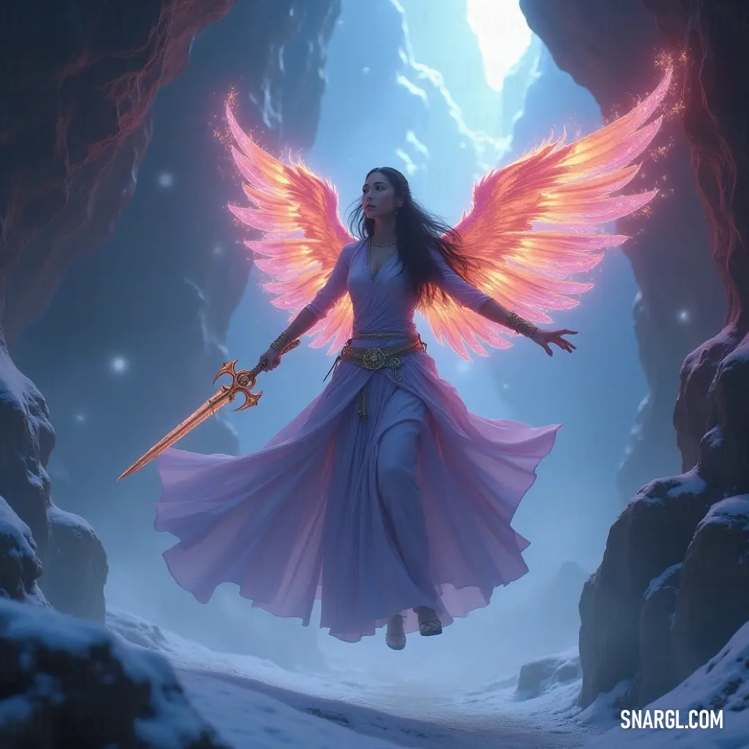 A winged warrior grips a sword within a stunning snowy cave, where shimmering ice formations surround a vast sky, a striking representation of courage and ethereal beauty. A heroic figure with majestic wings brandishes a sword within a breathtaking snowy cave, surrounded by glistening ice formations and an expansive sky, symbolizing strength and grace against the elements.