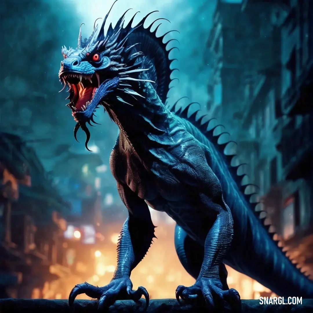 Godzilla like Basilisk with a large mouth and sharp teeth in a city at night with lights and buildings