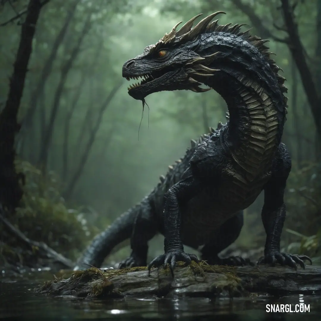 Large black Basilisk standing in the middle of a forest next to a river with trees and bushes on both sides