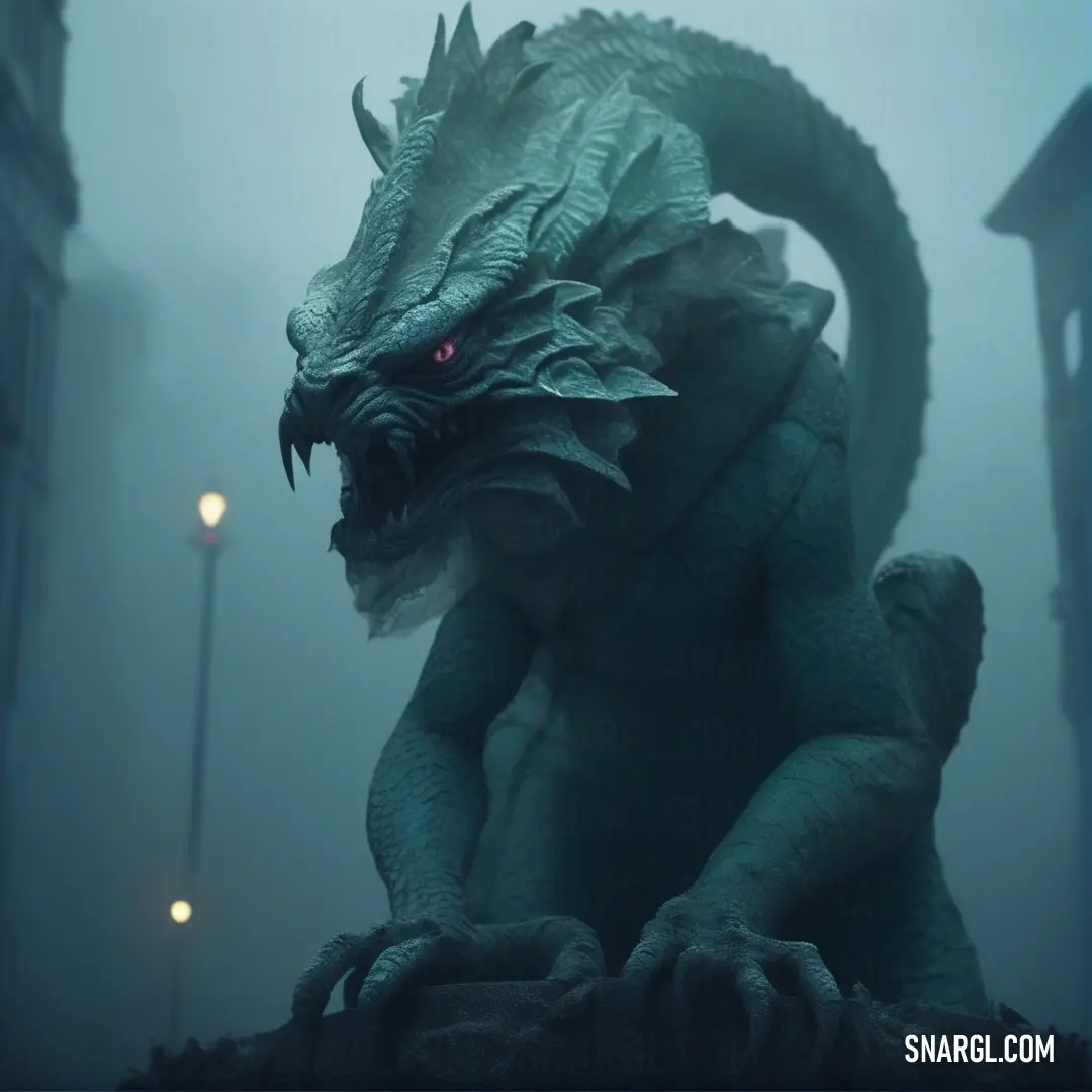 Statue of a Basilisk with red eyes in a foggy city street at night