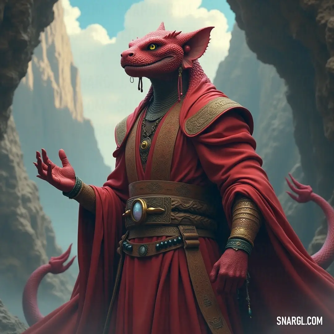The vibrant Red Basilisk dons a striking red robe and hat, a spectacular figure that represents mystical powers and ancient knowledge in its realm. The Red Basilisk radiates charisma in its resplendent red robe and matching hat, embodying a mythical creature of lore. Its bright colors contrast the natural landscape, capturing attention as it stands confidently, exuding an air of magical authority and