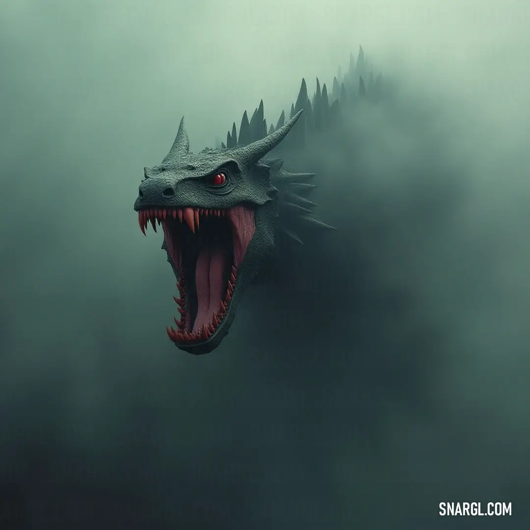 A basilisk stands fiercely with its mouth agape in a ethereal, foggy atmosphere, surrounded by trees that add to the enchanting ambiance of the scene. A majestic basilisk rears its head with its mouth wide open, poised against a backdrop of a fog-laden sky, where looming trees create an air of mystique and enchantment.