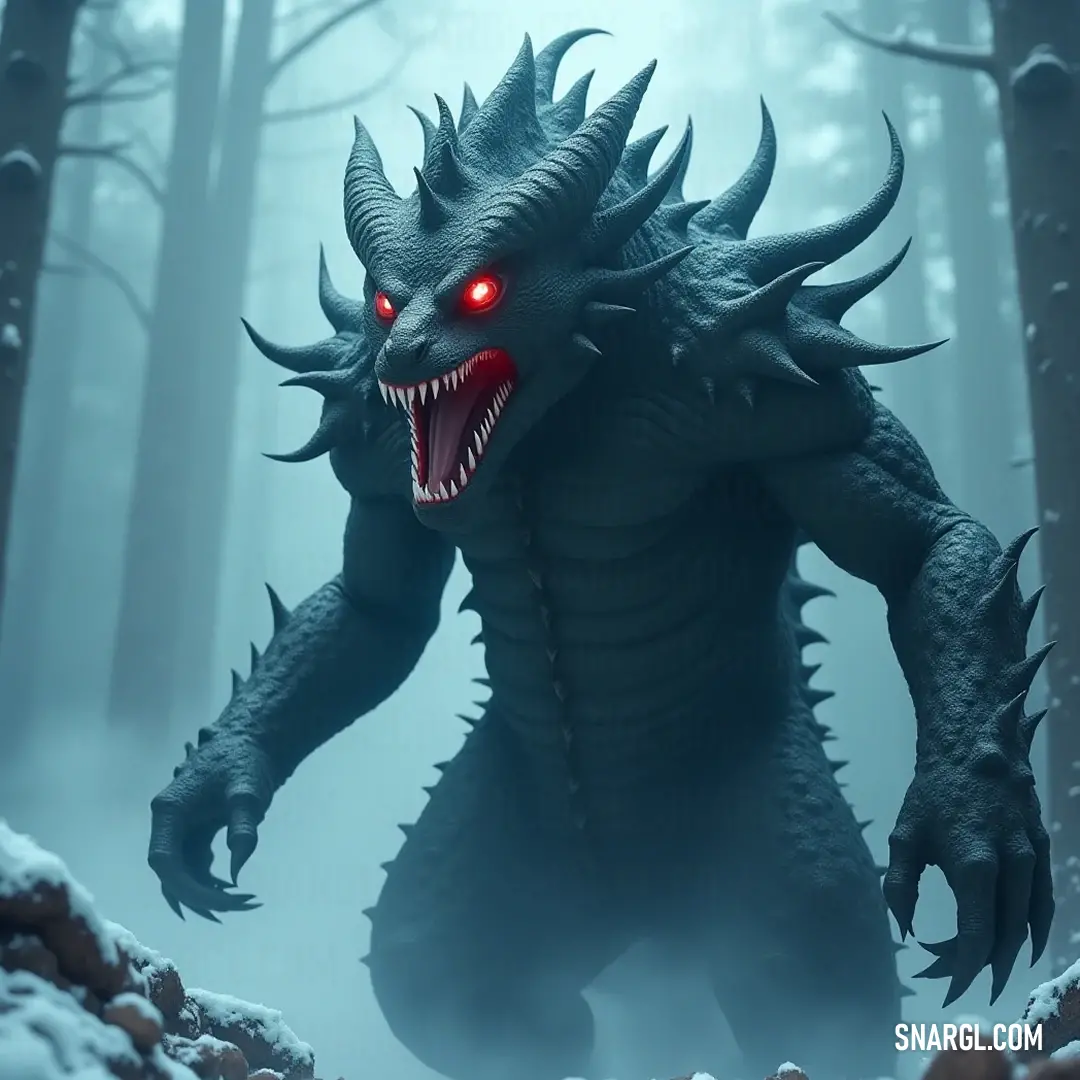 The imposing Demonic Basilisk King, illuminated against a backdrop of trees and snow, emanates a terrifying yet majestic aura, ready to defend its domain. The fearsome Demonic Basilisk King, with piercing red eyes and menacing sharp teeth, stands defiantly in a snowy forest, surrounded by towering trees and rugged rocks that evoke a chilling atmosphere of power and dread.