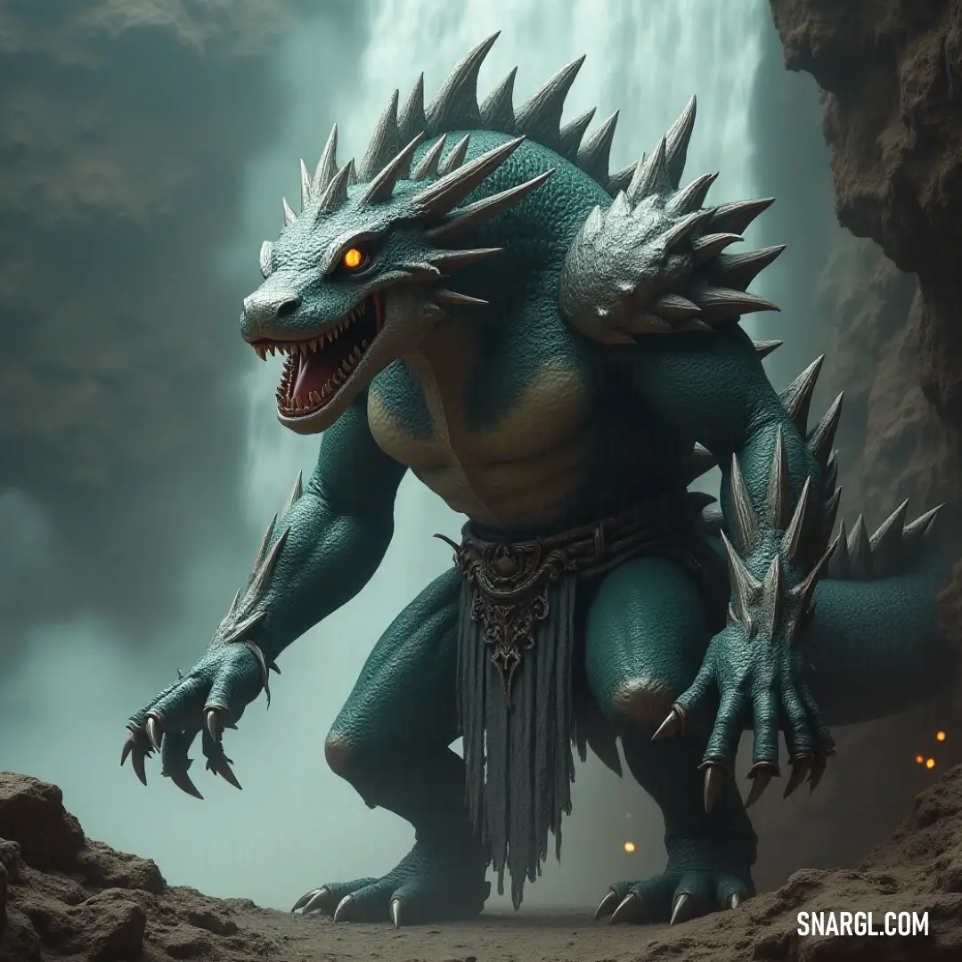 A menacing Basilisk of Chaos covered in sharp, jagged spikes, its fierce eyes locked in a stare as it stands imposingly before a massive waterfall, with mist swirling around its towering form and water cascading behind it.