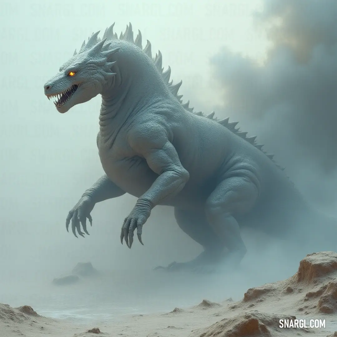 A giant white Basilisk of Despair looms in the fog, its mouth open wide and eyes glowing eerily. It appears to be hovering over a rocky terrain, casting an intimidating shadow across the land. A massive white Basilisk of Despair hovers above a rocky area, its mouth agape and eyes glowing brightly in the fog. The mysterious creature seems to float ominously against the backdrop of a foggy sky, a true force of nature.