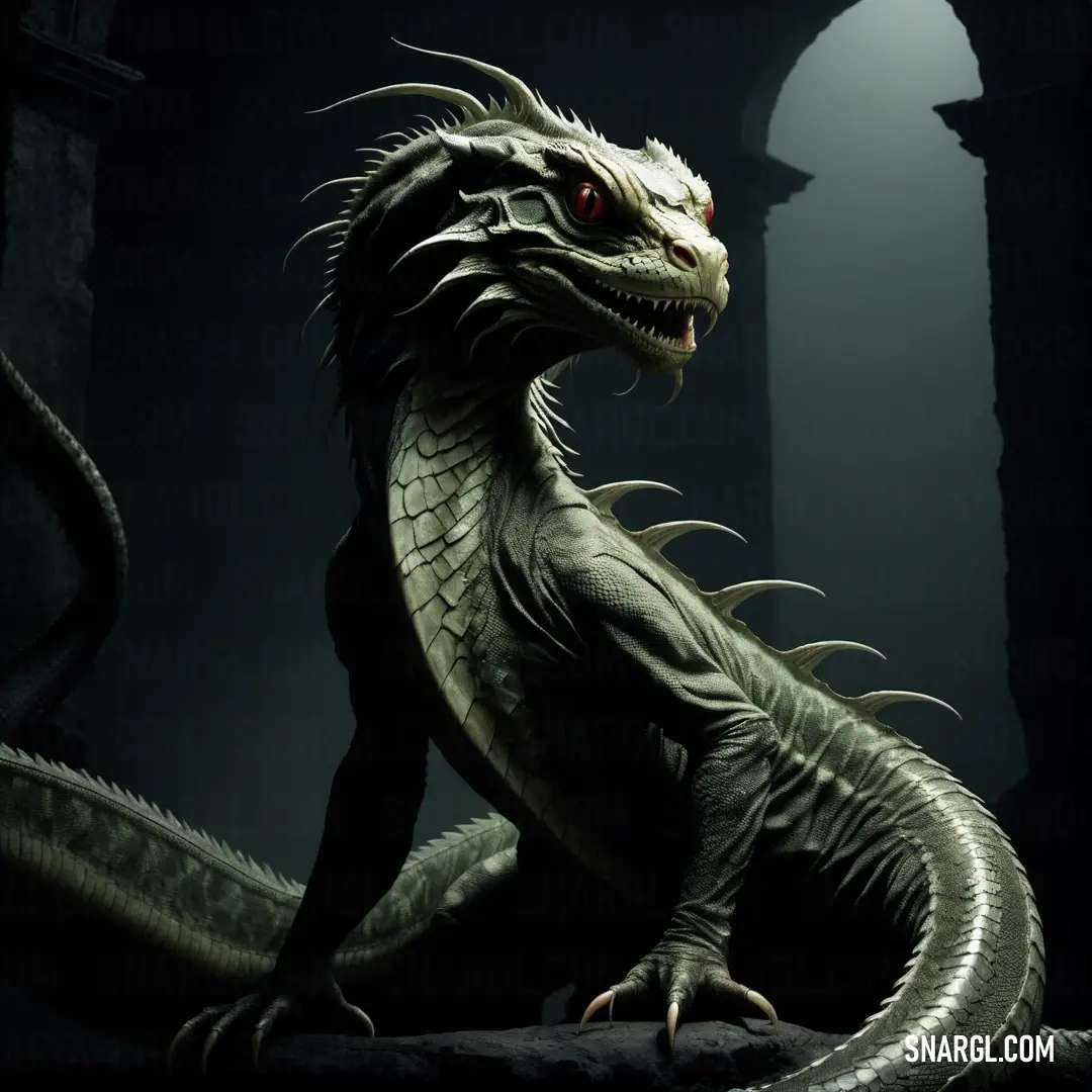 Basilisk with a large head and a long tail on a rock in a dark room with a light shining on it