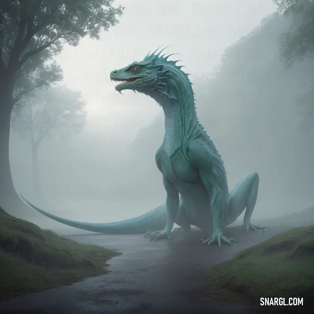 Green Basilisk on a path in the foggy forest with trees and grass on either side of it