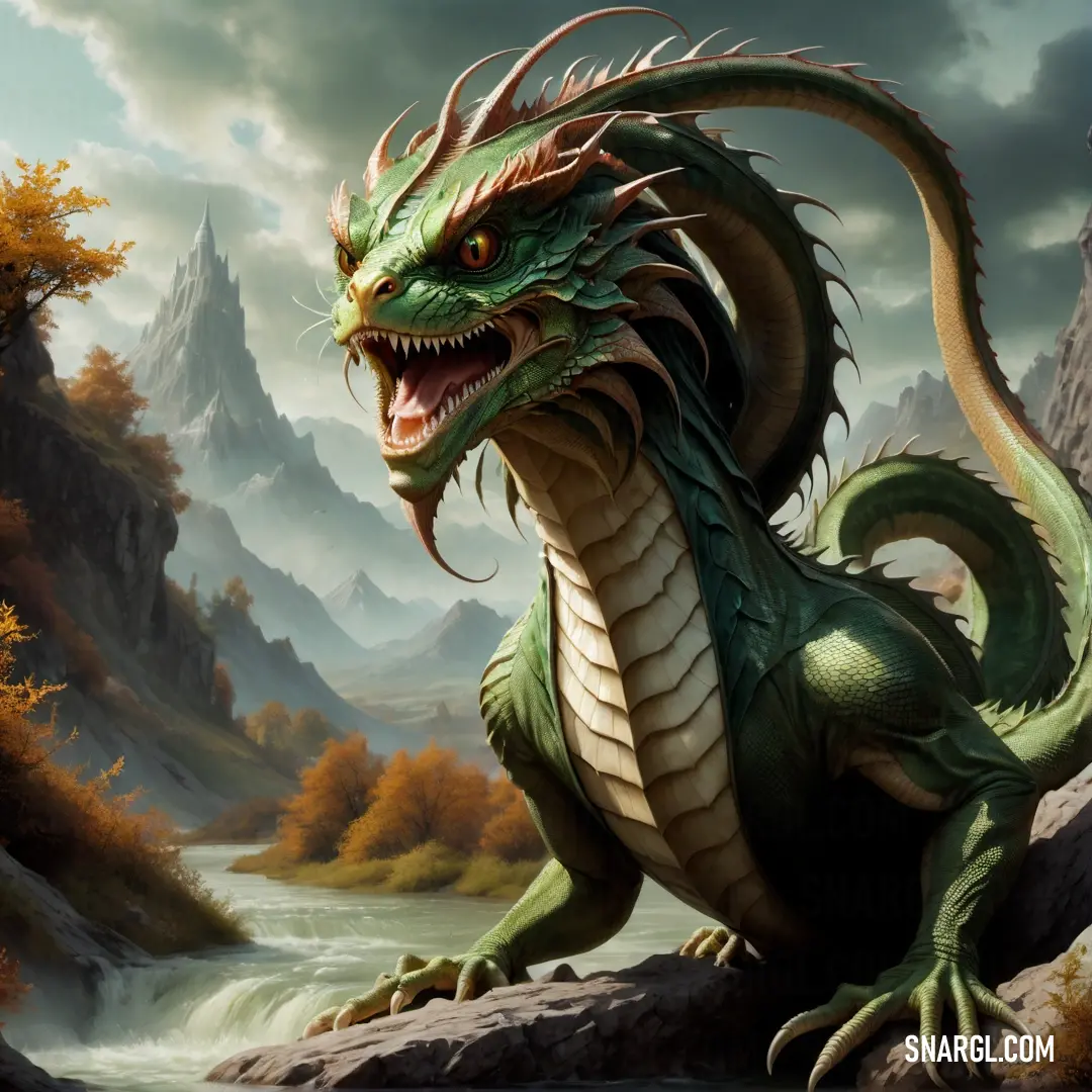 Green Basilisk on a rock next to a river and mountains in the background