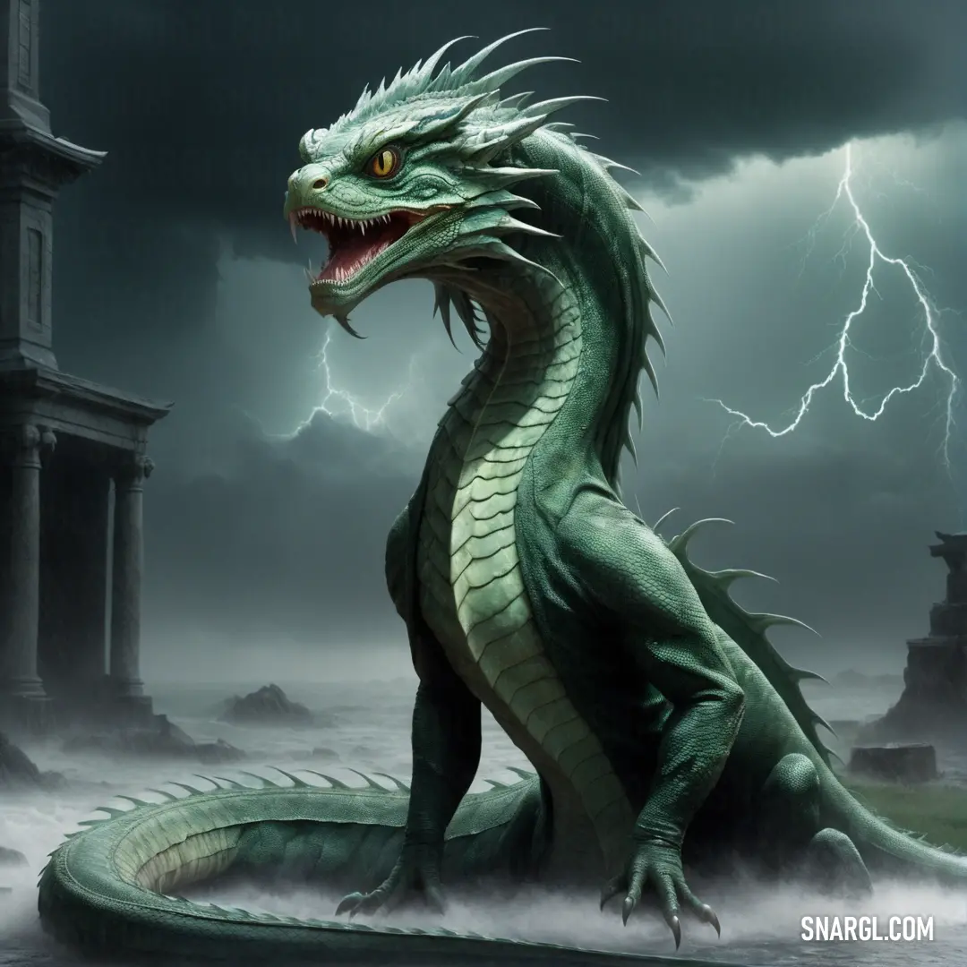Green Basilisk on top of a body of water under a cloudy sky with lightning behind it and a tower
