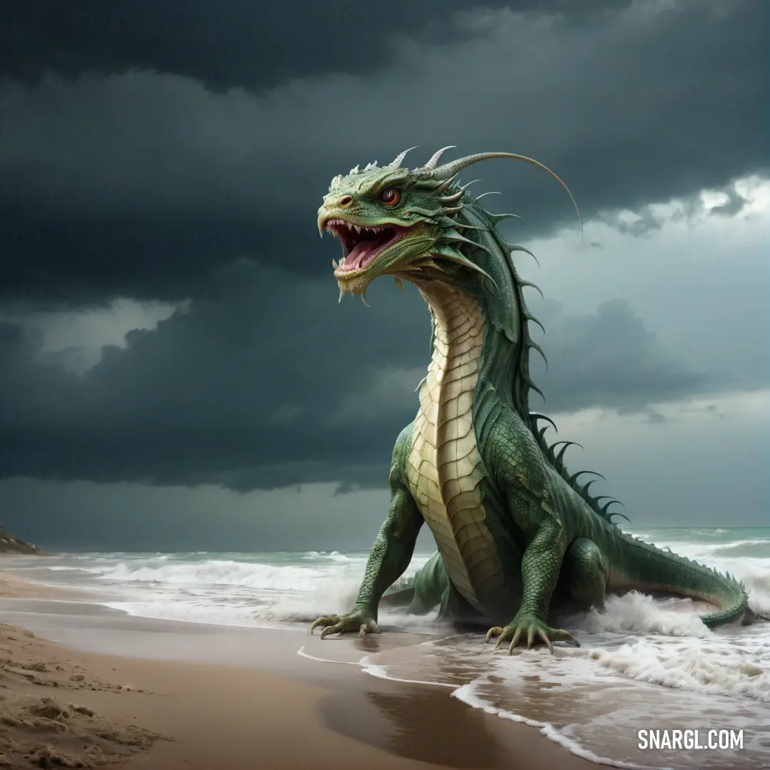 Green Basilisk on top of a sandy beach next to the ocean under a cloudy sky