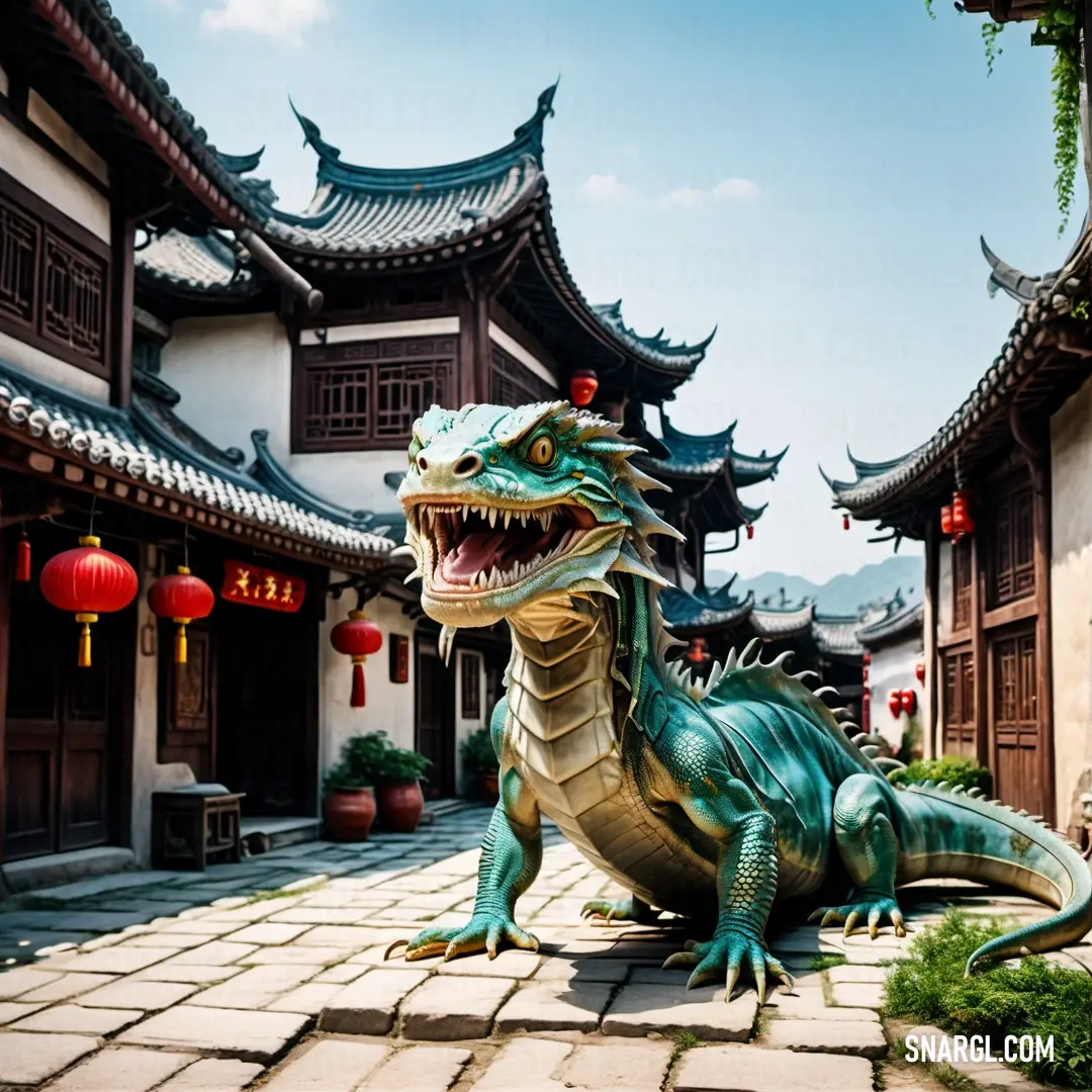 Large green Basilisk statue on a brick walkway in front of a building with chinese lanterns