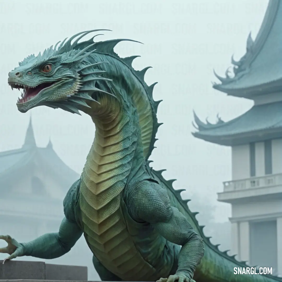 Statue of a Basilisk on a wall in front of a building with a pagoda in the background