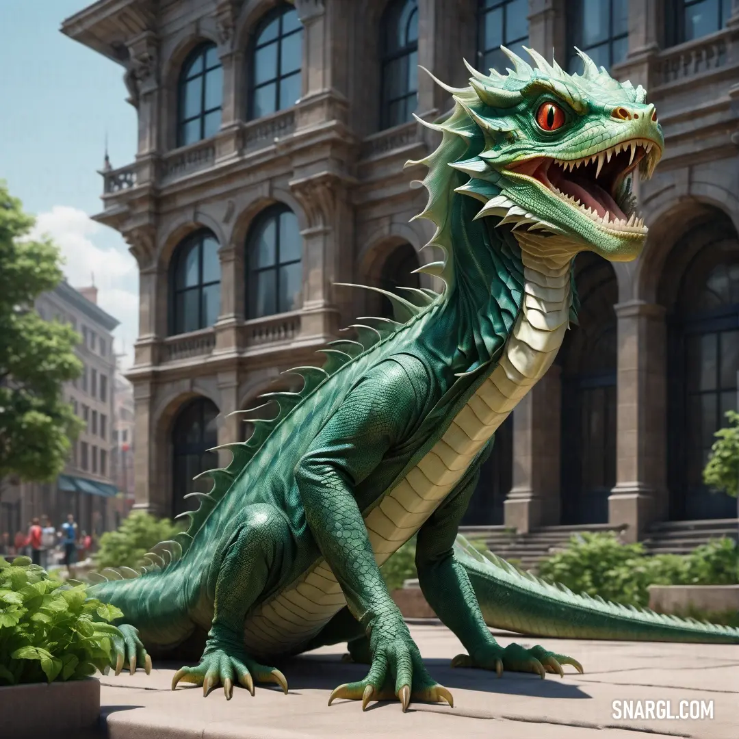 Statue of a green Basilisk on a ledge in front of a building with a large window and a sky background