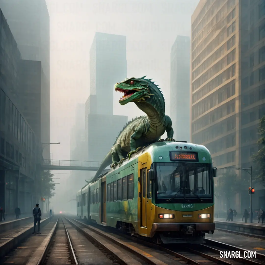 Train with a large alligator on top of it's head on a city street with tall buildings