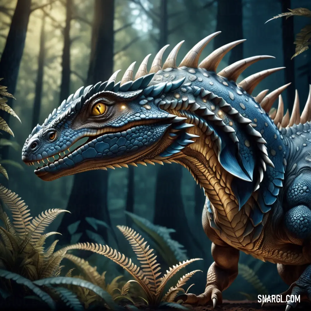Blue and gold Basilosaurid in a forest with ferns and trees in the background